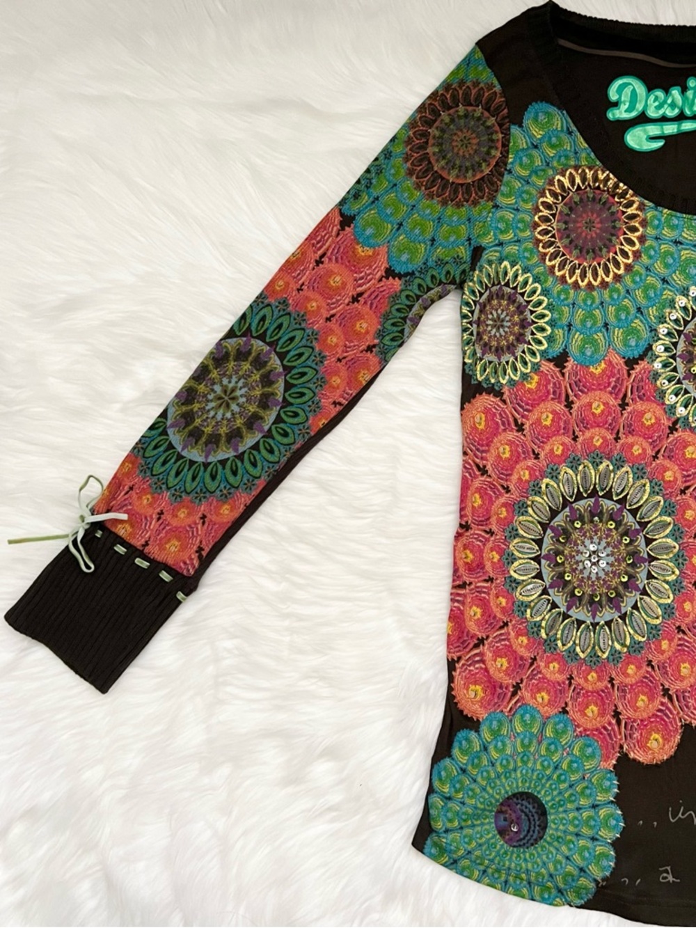 Desigual Brown Long Sleeve Tunic Top With Sequin Details & Sweater Sleeves - Picture 2 of 11